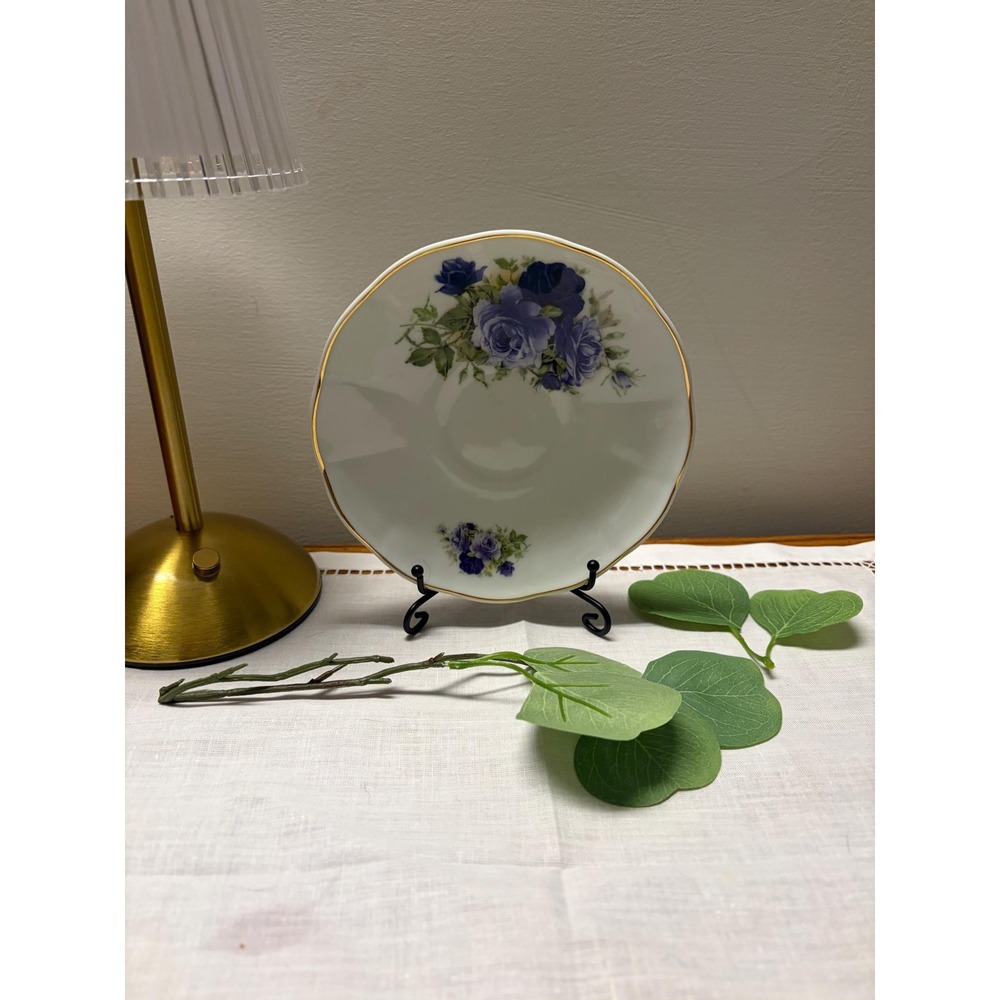 Vintage Blue Rose Porcelain Saucer | Gold Gilded Rim Tea Party Decor